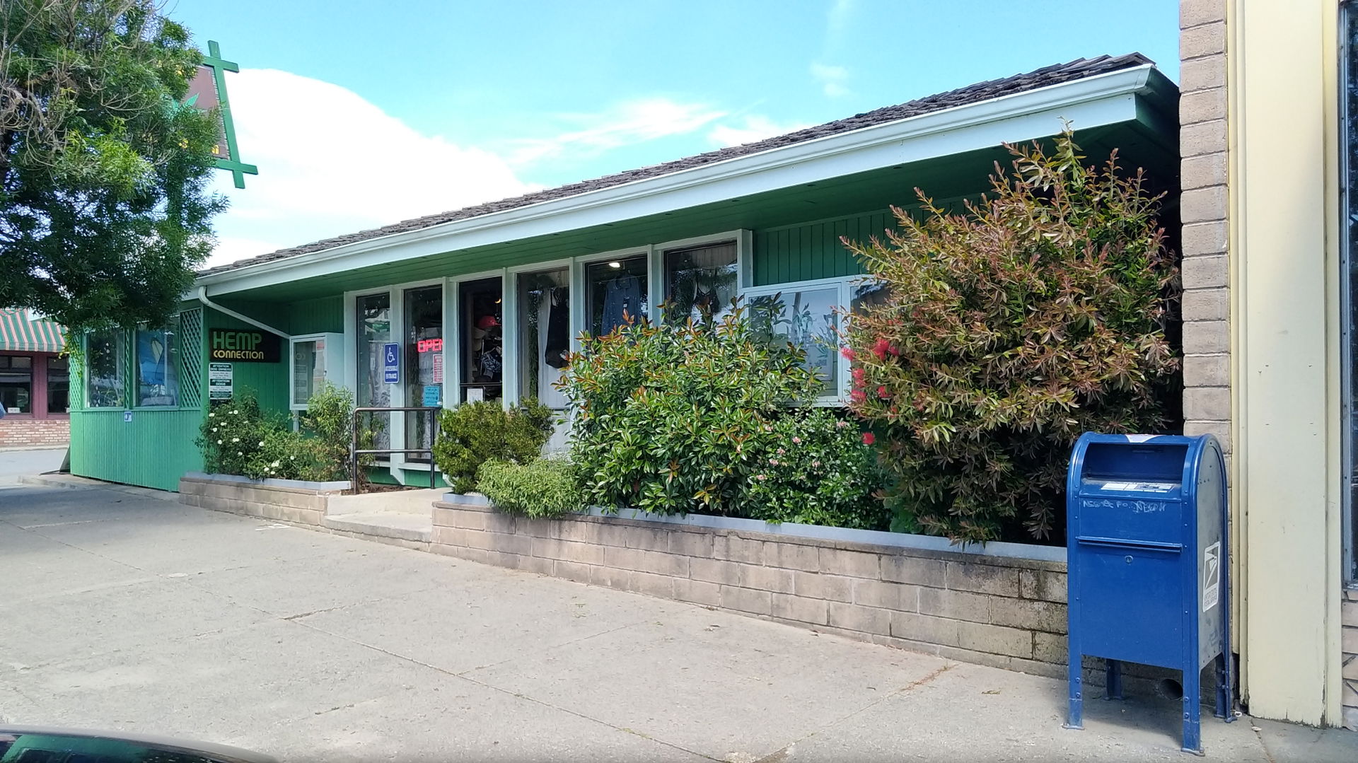 The Hemp Store and blue mailbox in Garberville, California.