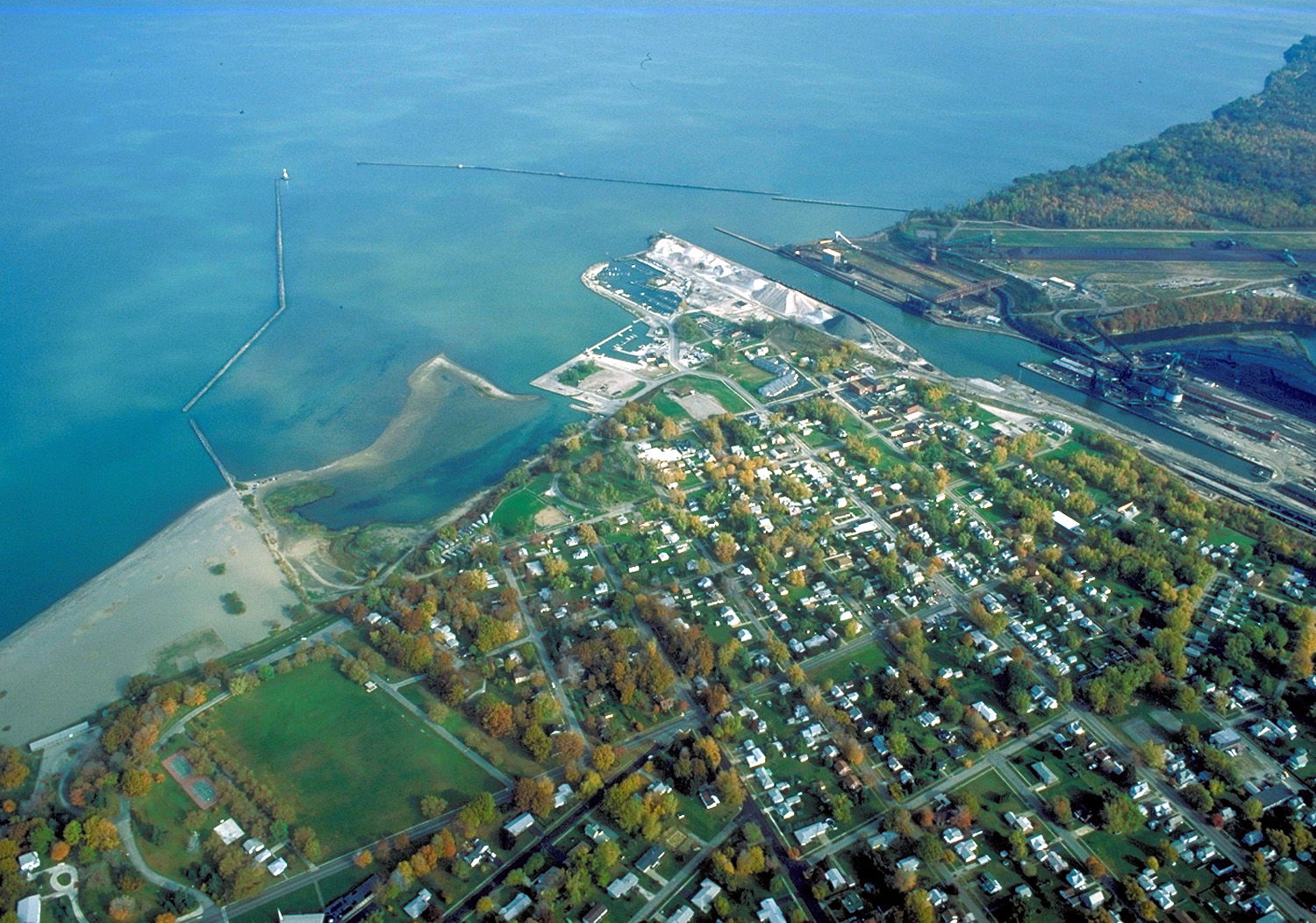 Aerial view of the port and harbor at Conneaut, Ohio, USA, on L…