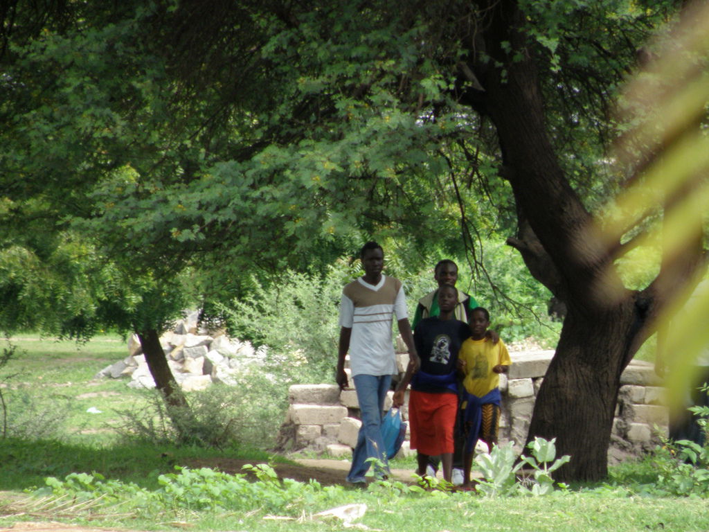 A family walking a path near the hotel