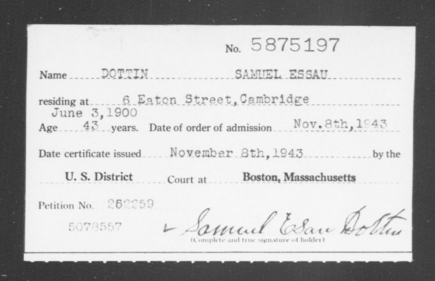 Birth Year: 1900 Spouse: [Blank] Admission Year: 1943 Court: Di…