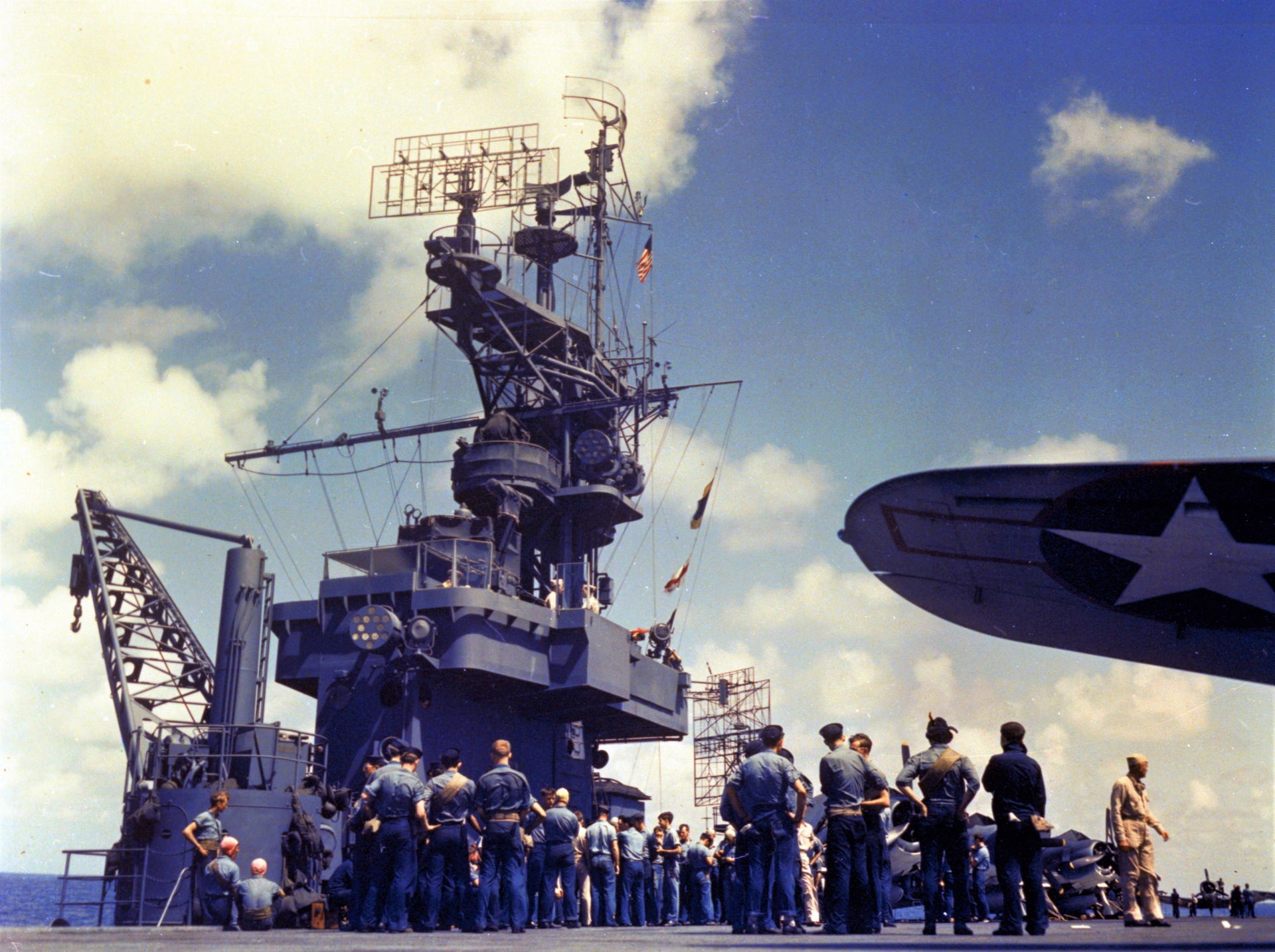 View of the flight deck of the U.S. Navy light aircraft carrier…