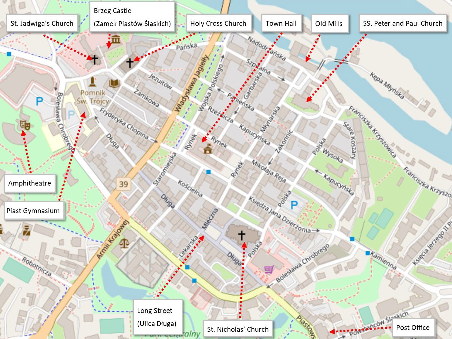 Map of the historic city center of Brzeg with the main attracti…