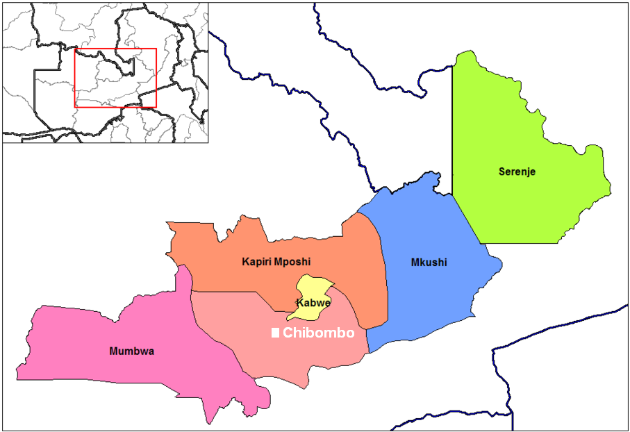 Map showing location of Chibombo town & district, Zambia