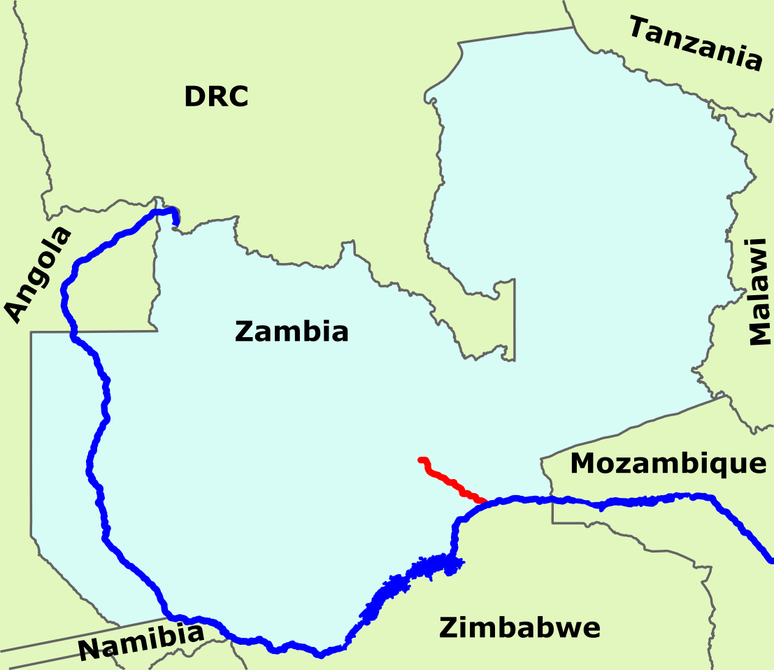 The Chongwe River (red) and part of the Zambezi River (blue)