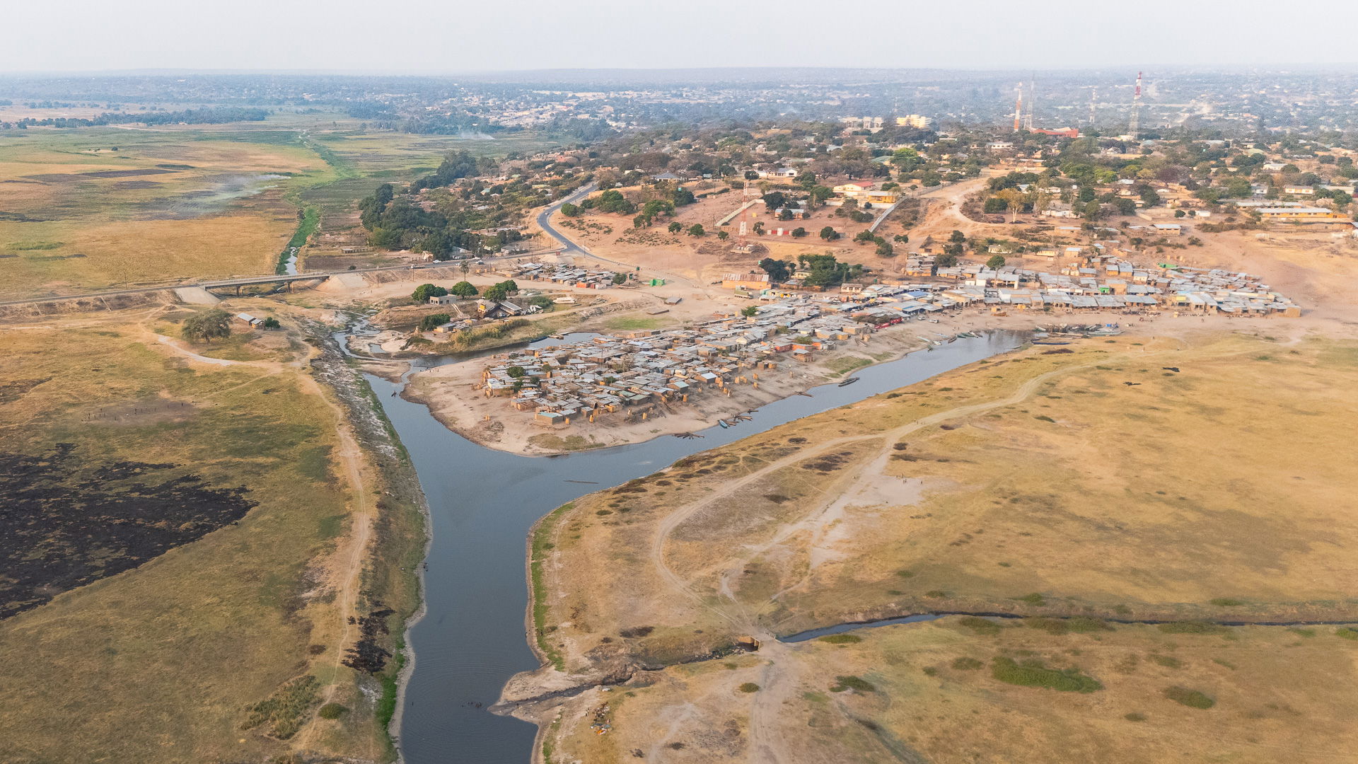 suburbs of Mongu reaching Zambezi floodplains, Western province…
