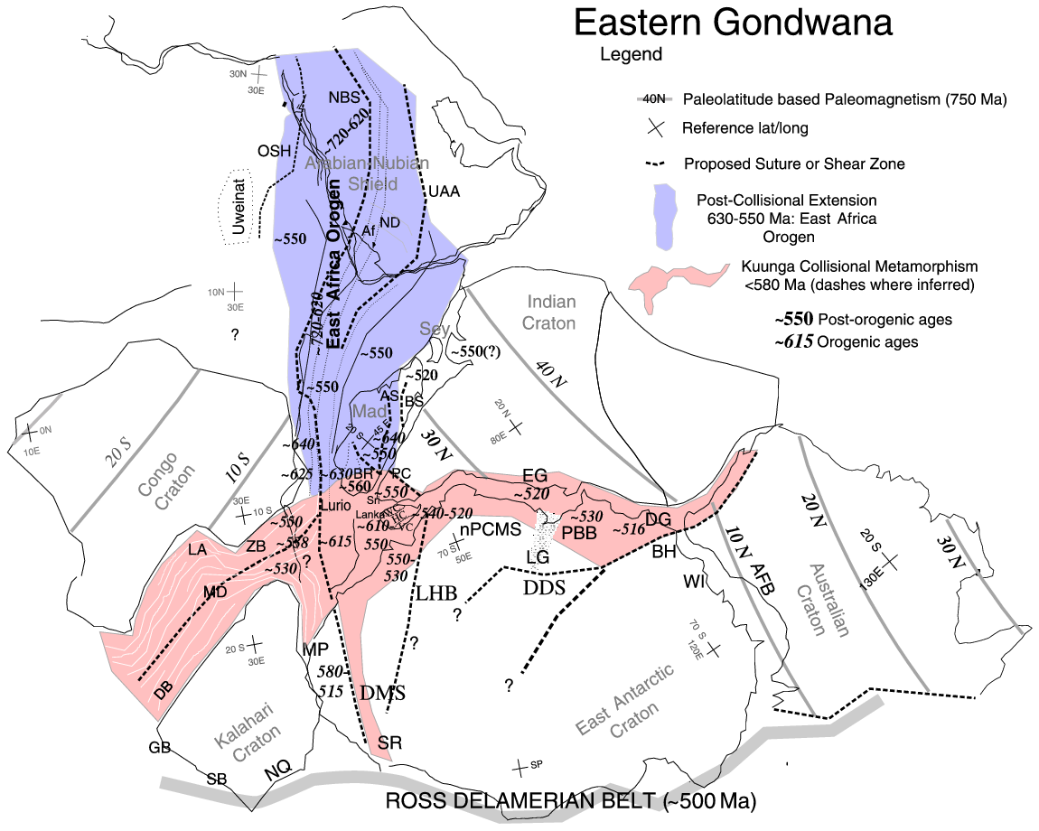 Paleotectonic map of eastern Gondwana with the Pan-African and/…