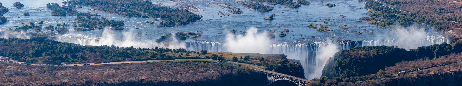Aerial panoramic view of the Victoria Falls of the Zambezi Rive…