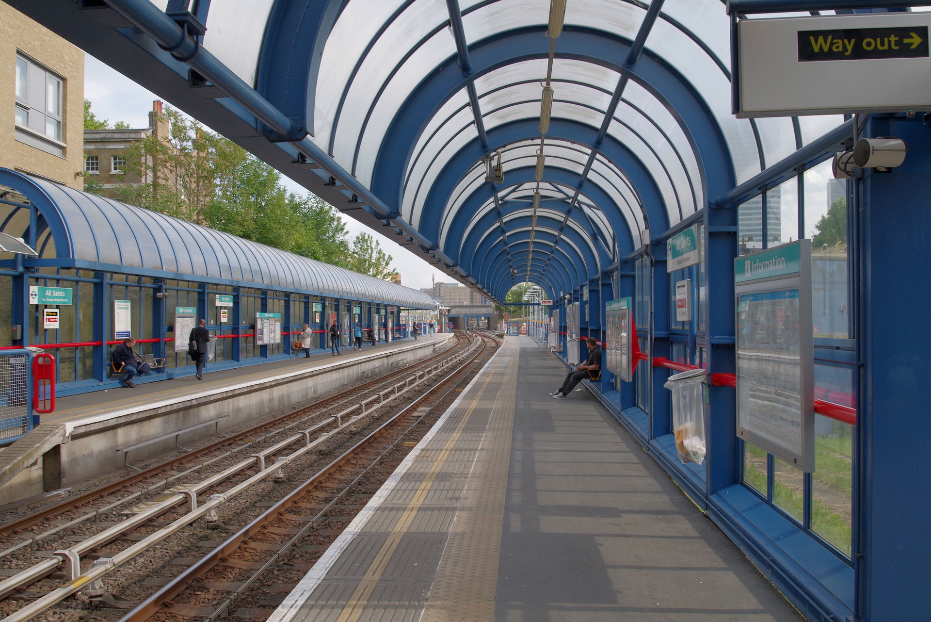 Looking south along the platforms of All Saints DLR station.