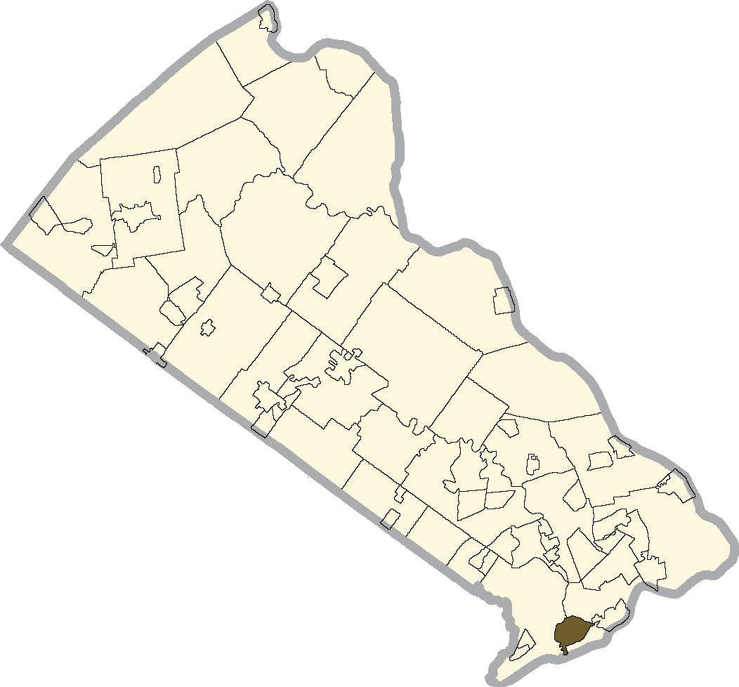 Croydon shaded on the map of Bucks county, PA.