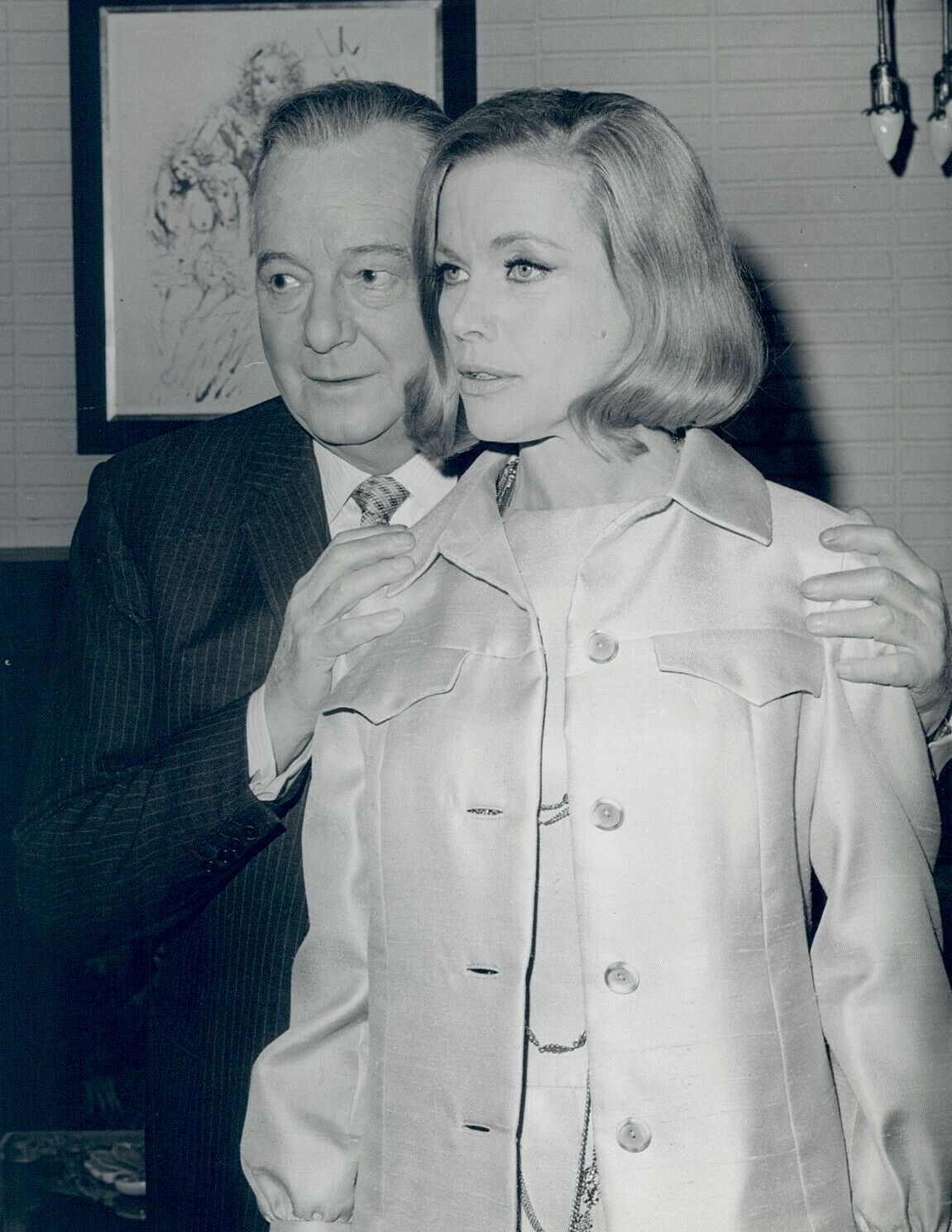 Maurice Evans and Honor Blackman backstage on the set of the Am…