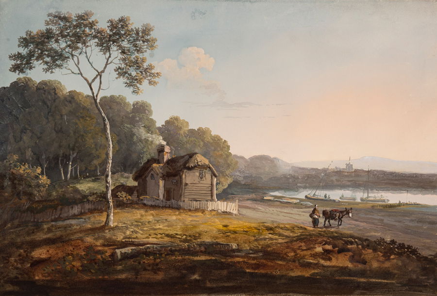 Cottage by an estuary. Gouache. Ex. Collection: Henry Rogers Br…