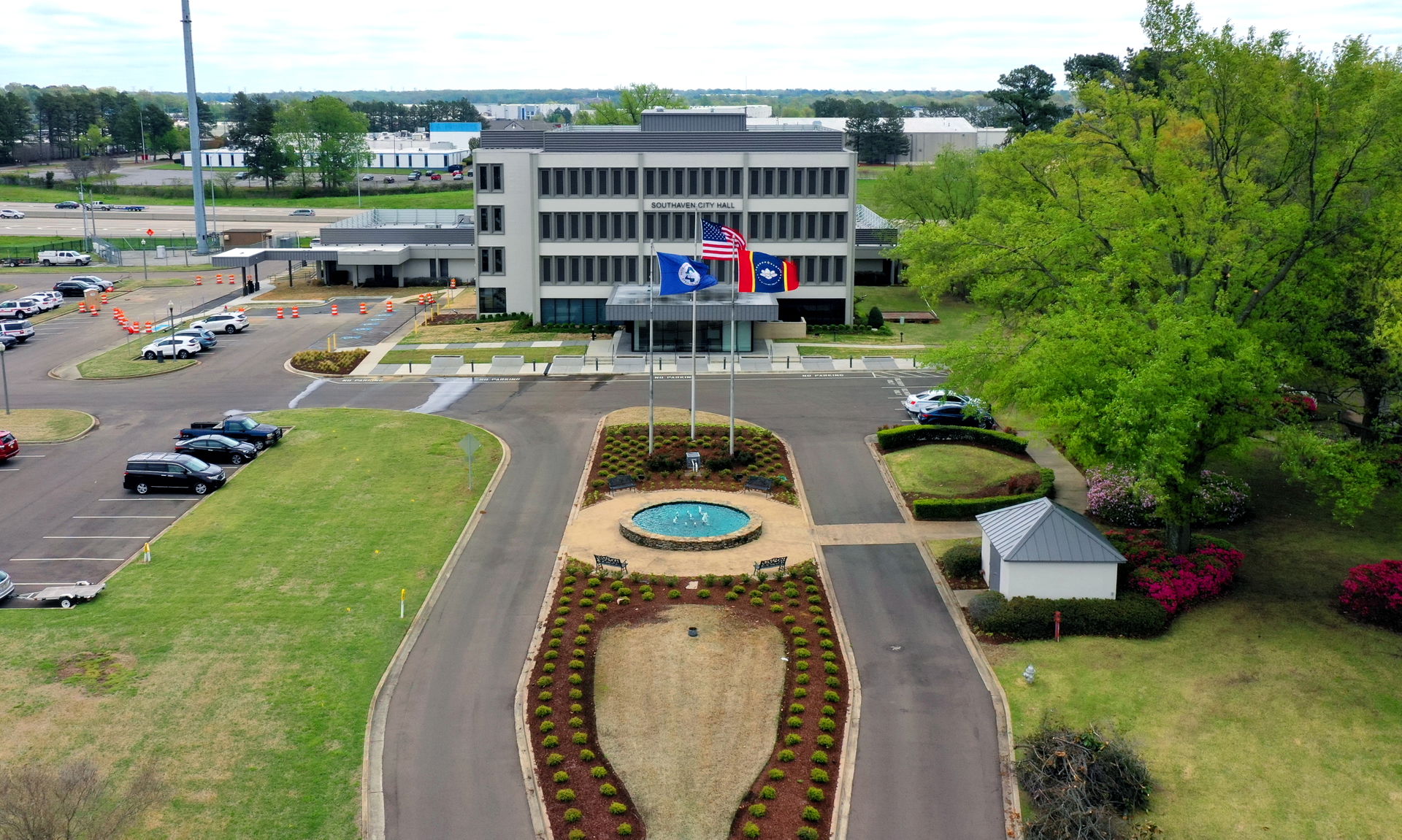 Looking east at a recently modernized Southaven City Hall in a …