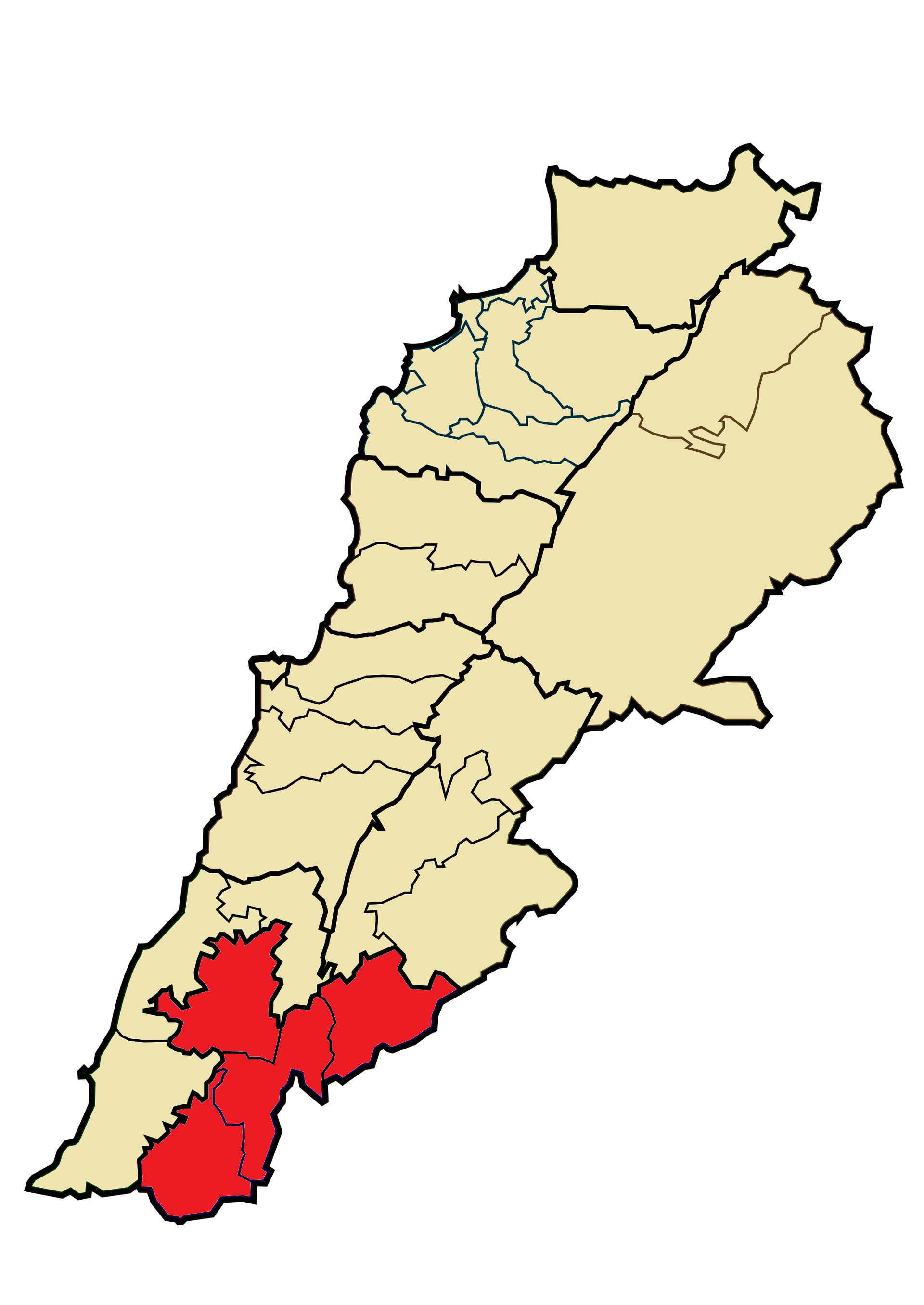 ケセルワン=ジュベイル県分離後のナバティーエ県(Nabatieh)の地図
