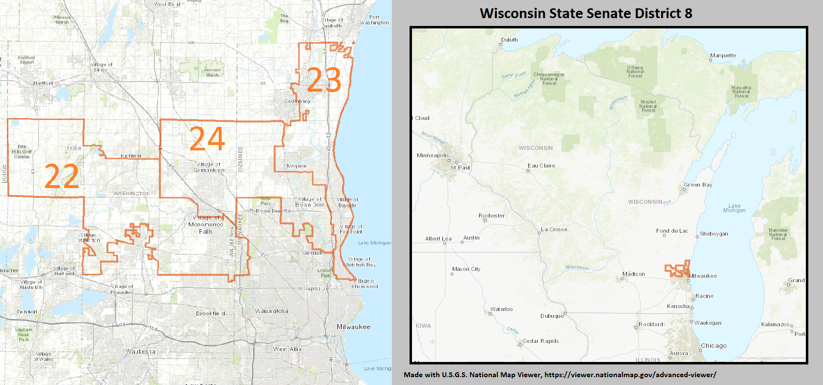 Wisconsin Senate District 8, for the years 2012-2021, defined i…