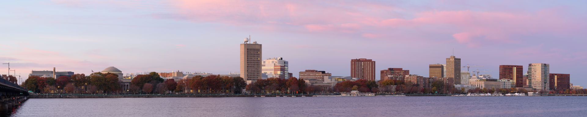 Four-segment panorama of Cambridge skyline, from Harvard Bridge…