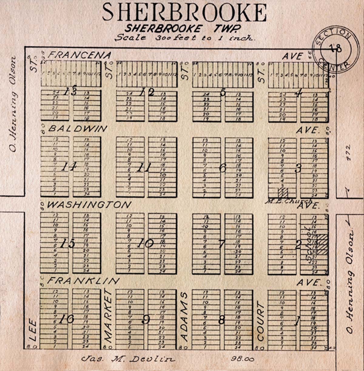 Scanned image of a map detailing the plat of Sherbrooke Village…