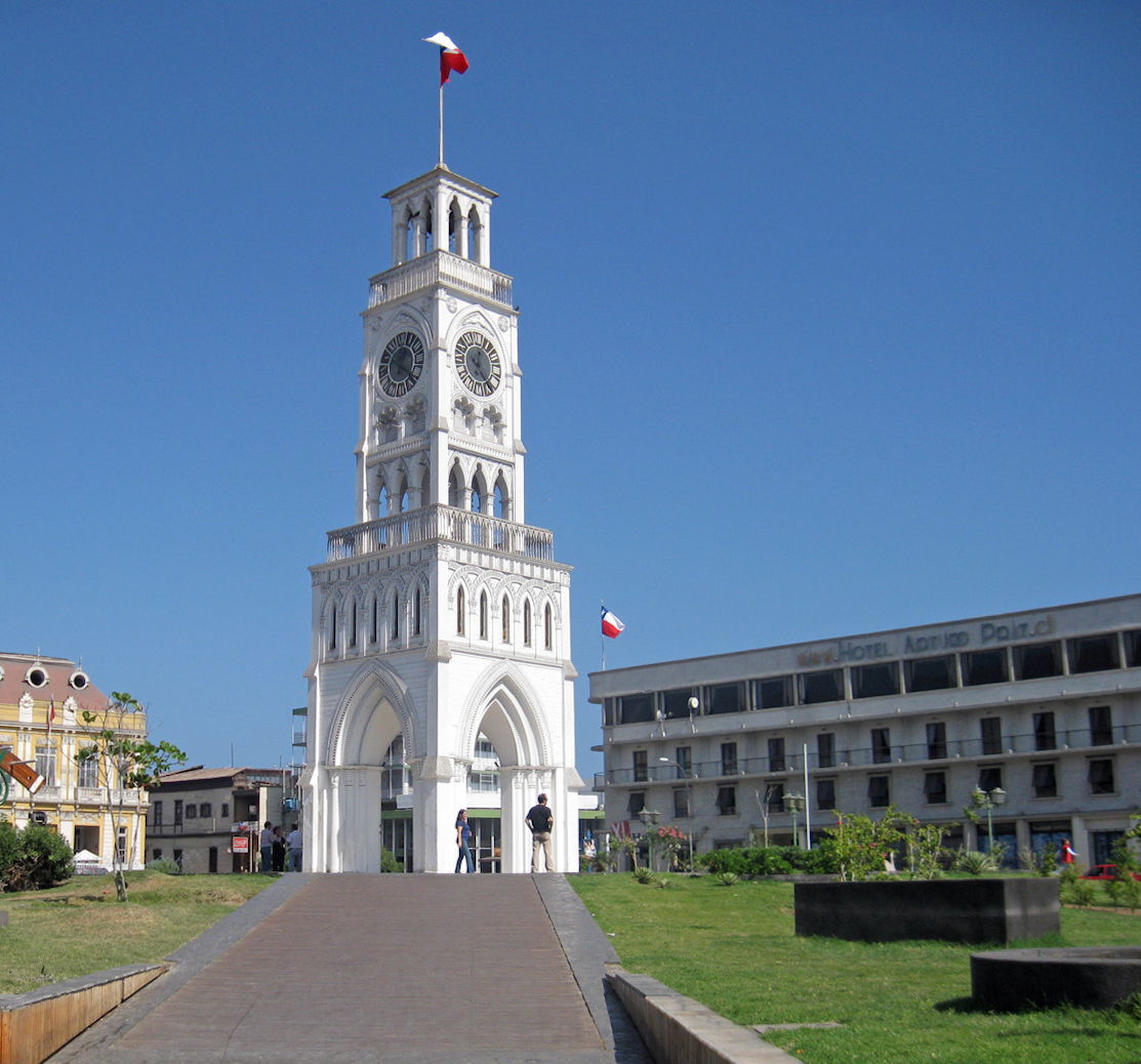 The clock tower on Prat Square in the city of Iquique, Chile.