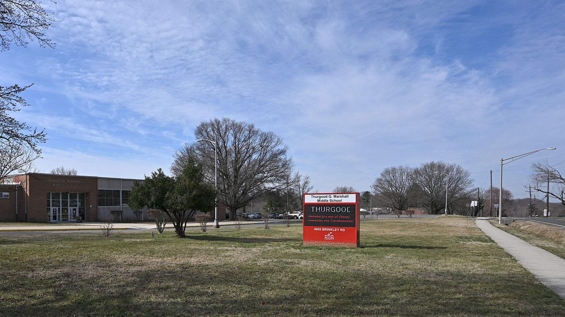 The sign for Thurgood Marshall Middle School with the building …