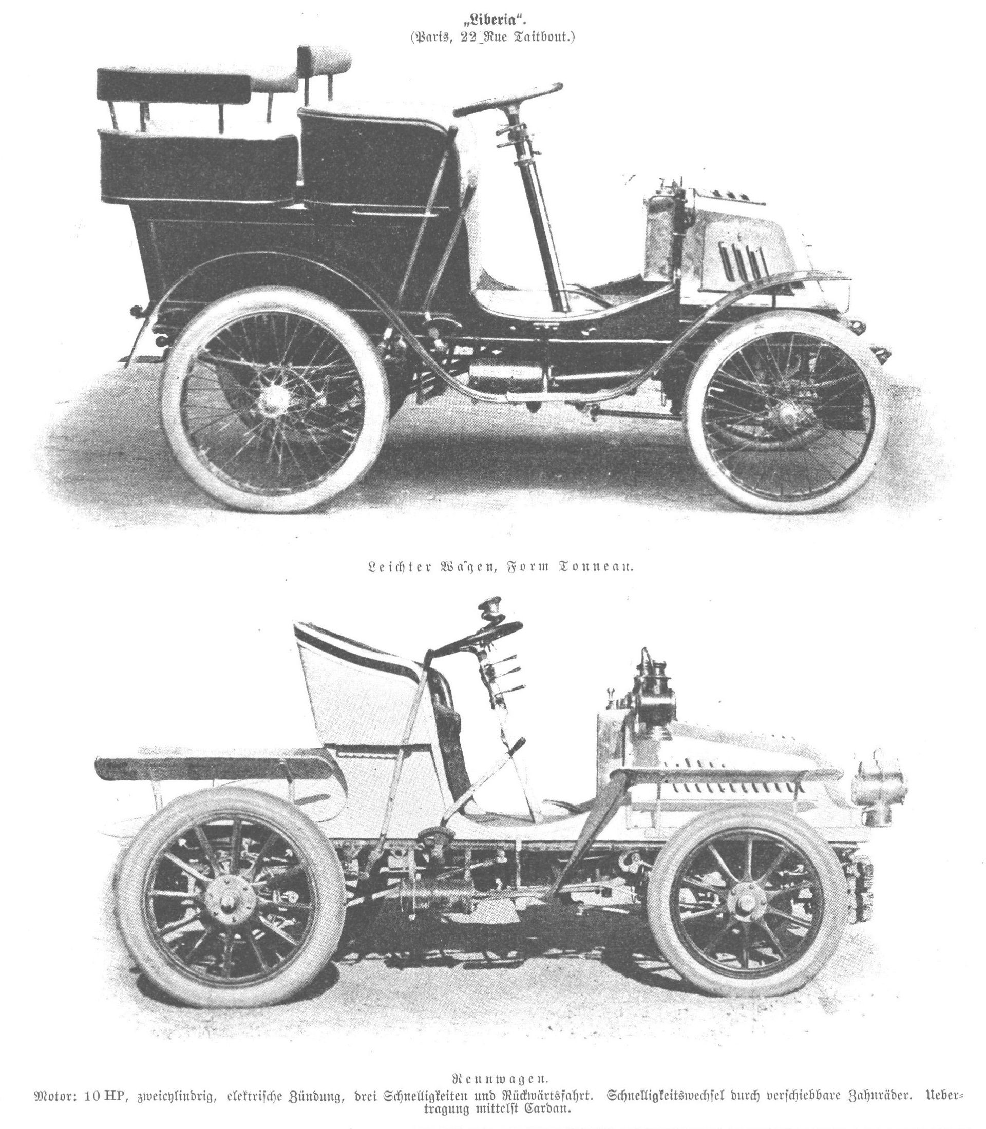 Libéria 10 HP automobiles - light car (top), race car (bottom) …