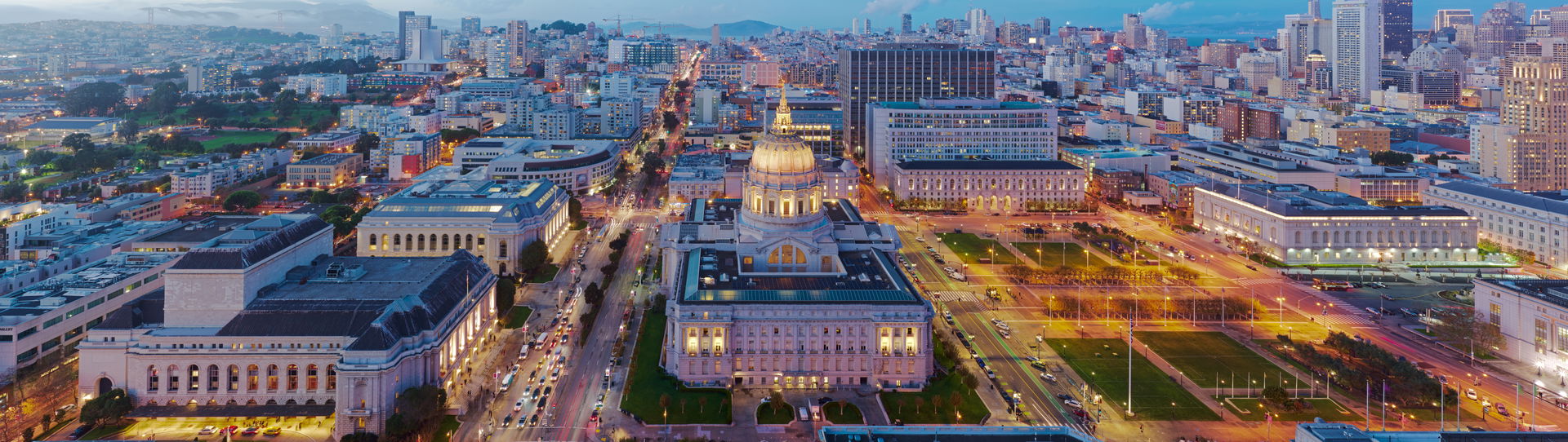 San Francisco City Hall as seen from 100 Van Ness Avenue at dus…