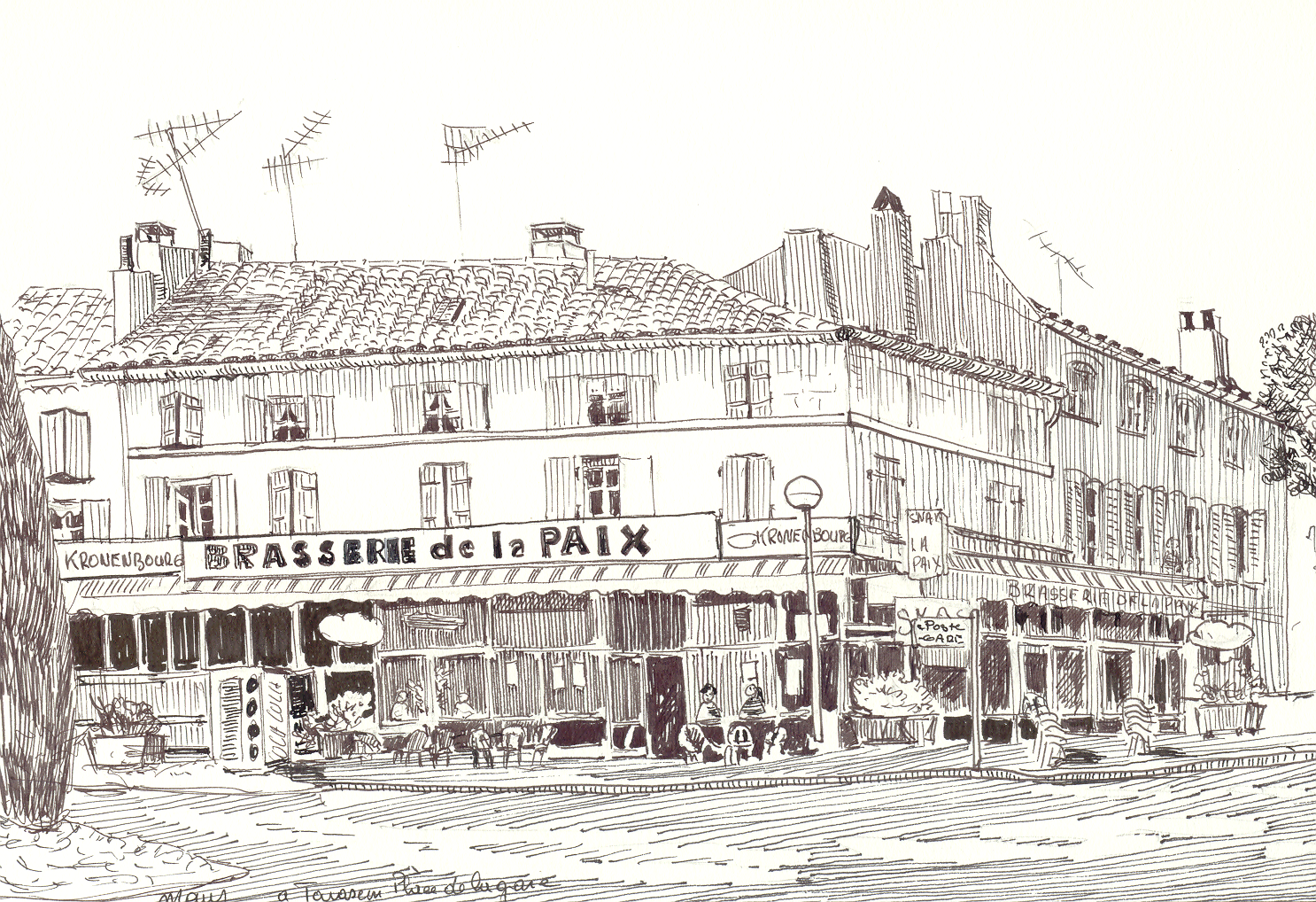 Dessin à la plume de la brasserie de la paix à Tarascon (Bouche…
