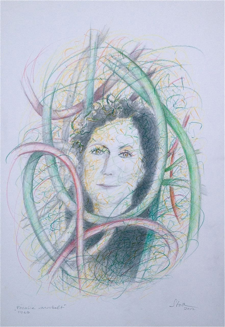 rosalie verwirbelt, Zeichnung von Ursula Stock, 40 × 30 cm.