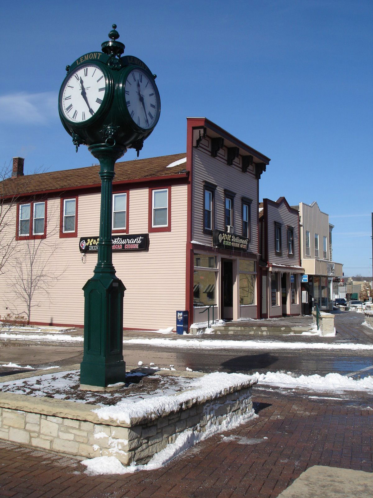 The clock in the center of downtown Lemont, IL.