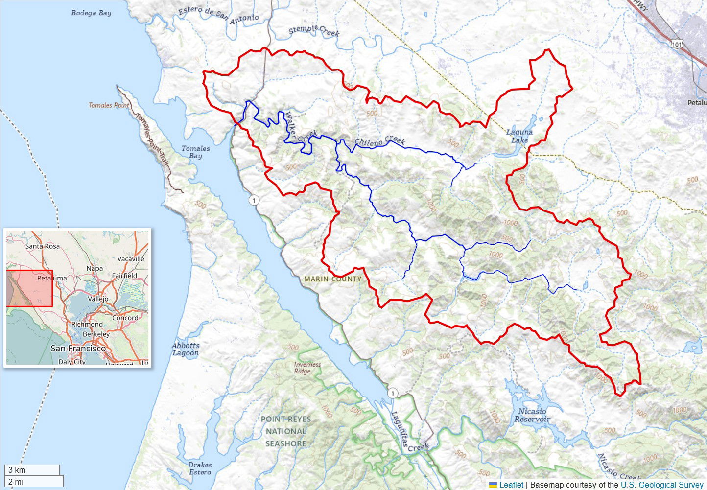 Map of the Walker Creek watershed in Marin County, California. …