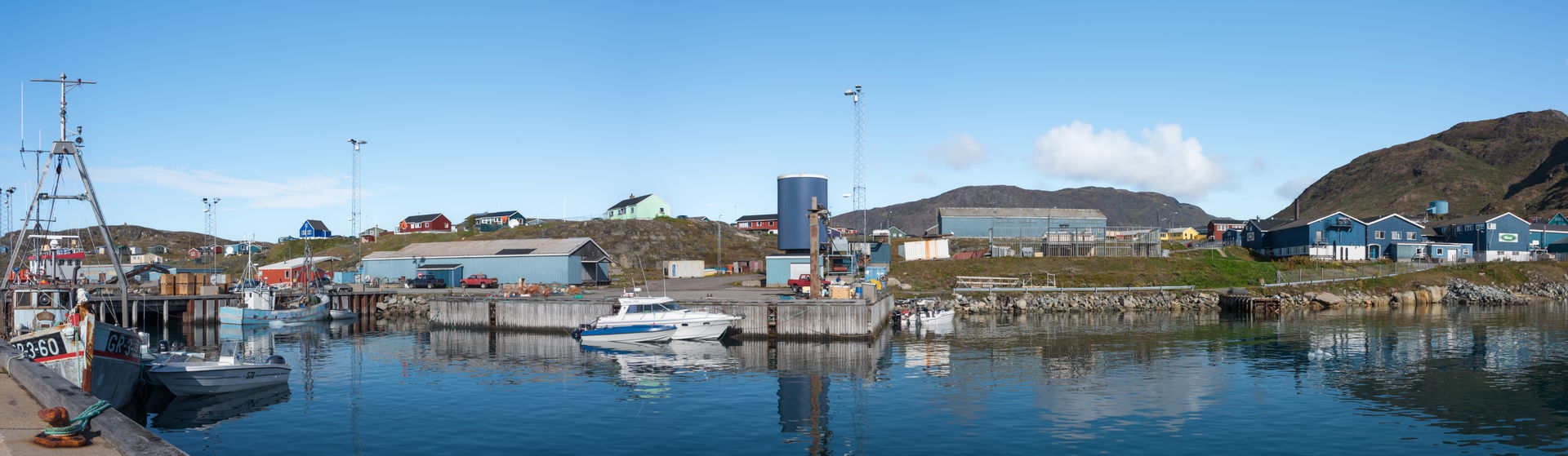 Wide angle view of the harbor at Narsaq, Greenland on September…