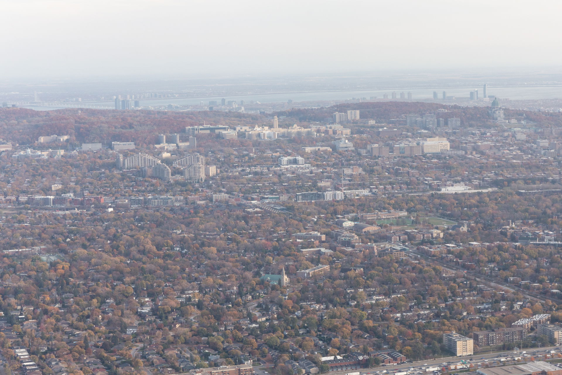 Aerial view of Mount Royal, Quebec, during a flight between CDG…