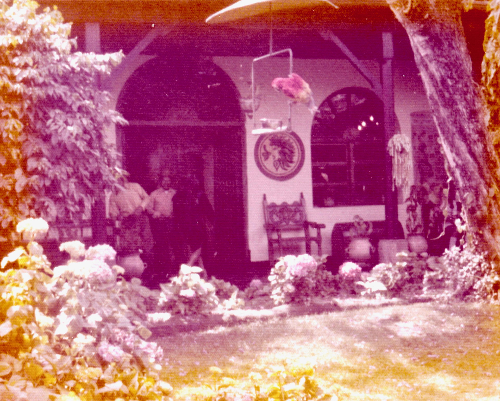 Chichicastenango Guatemala, 1975. Hotel courtyard, "Maya Inn".