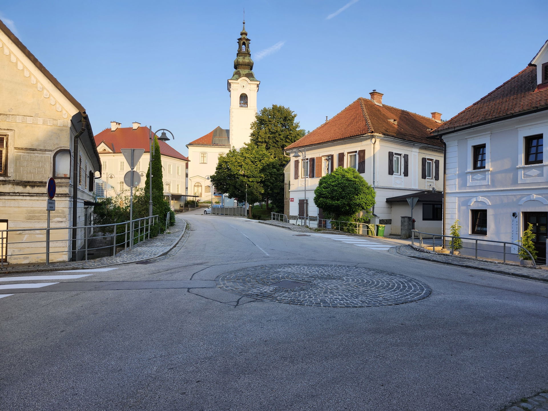 Central street of Mozirje, with the Church of St George