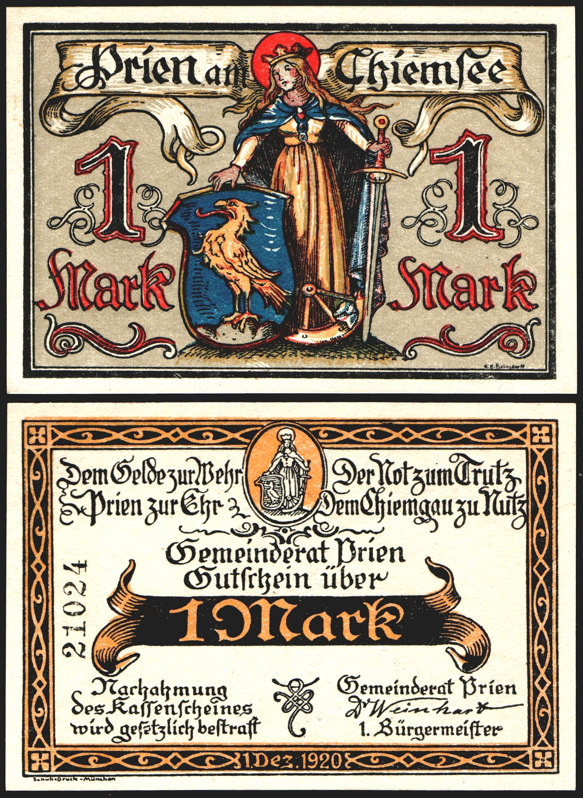 1 Mark Notgeld banknote of Prien am Chiemsee (1920), size: 62 m…