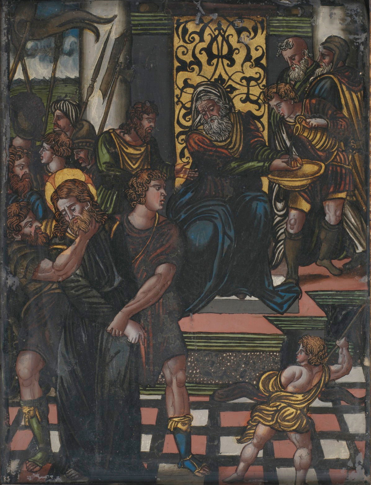 Christ before Pontius Pilate who is washing his hands of the gu…