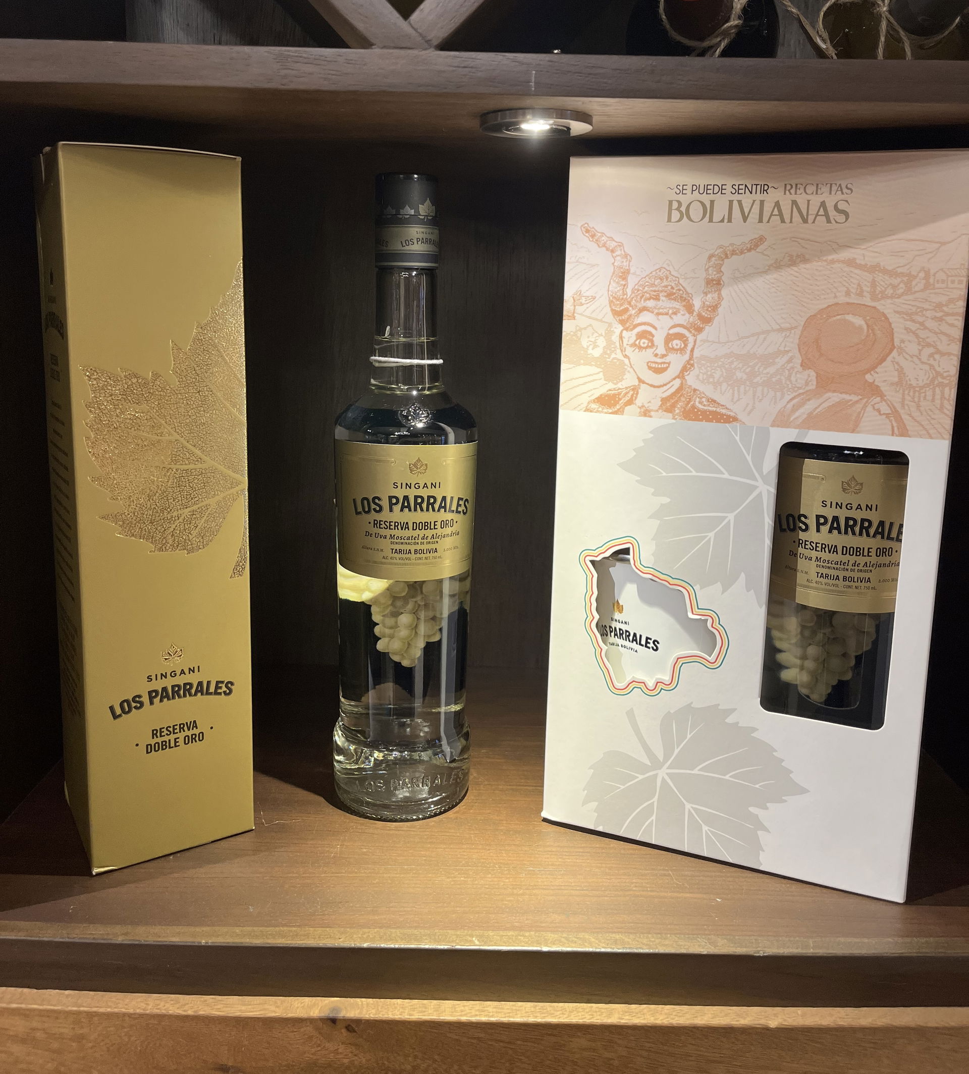 Bottles of Singani of the Los Parrales Winery, Doble Oro reserv…