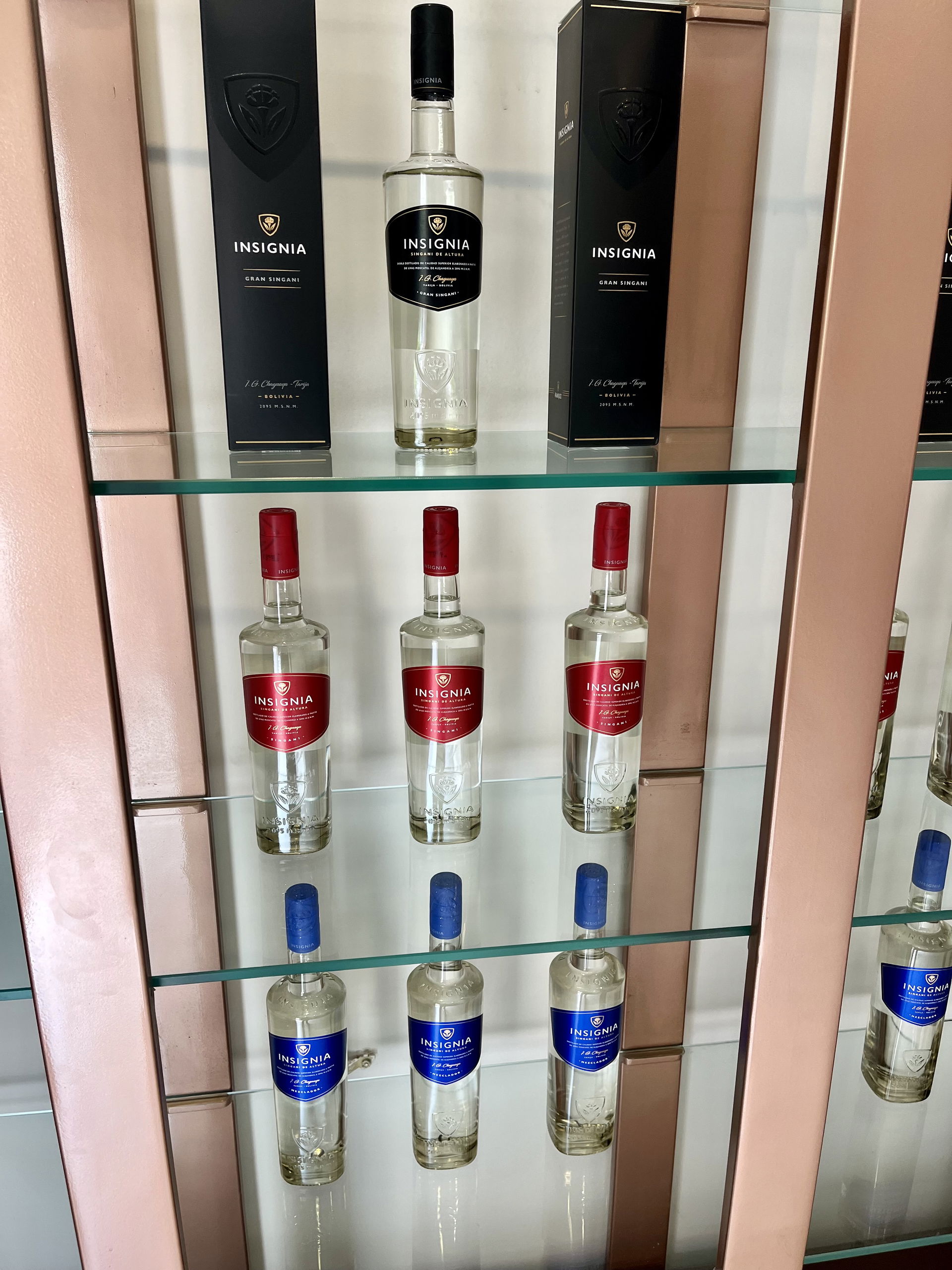 Bottles of Singani Insignia, from the Aranjuez winery, with its…