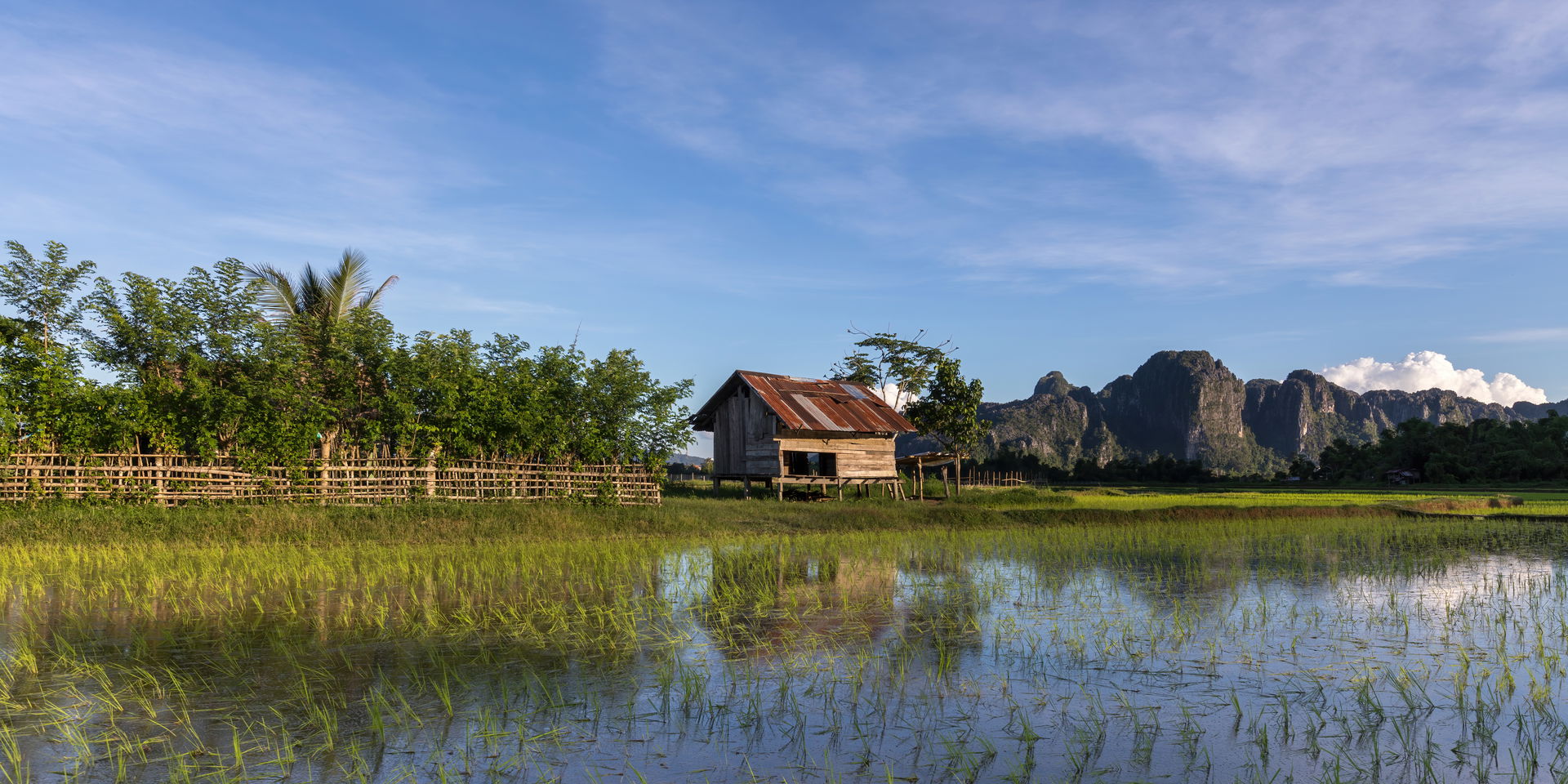 Wooden hut, fence, mountains and blue sky in the green rice fie…