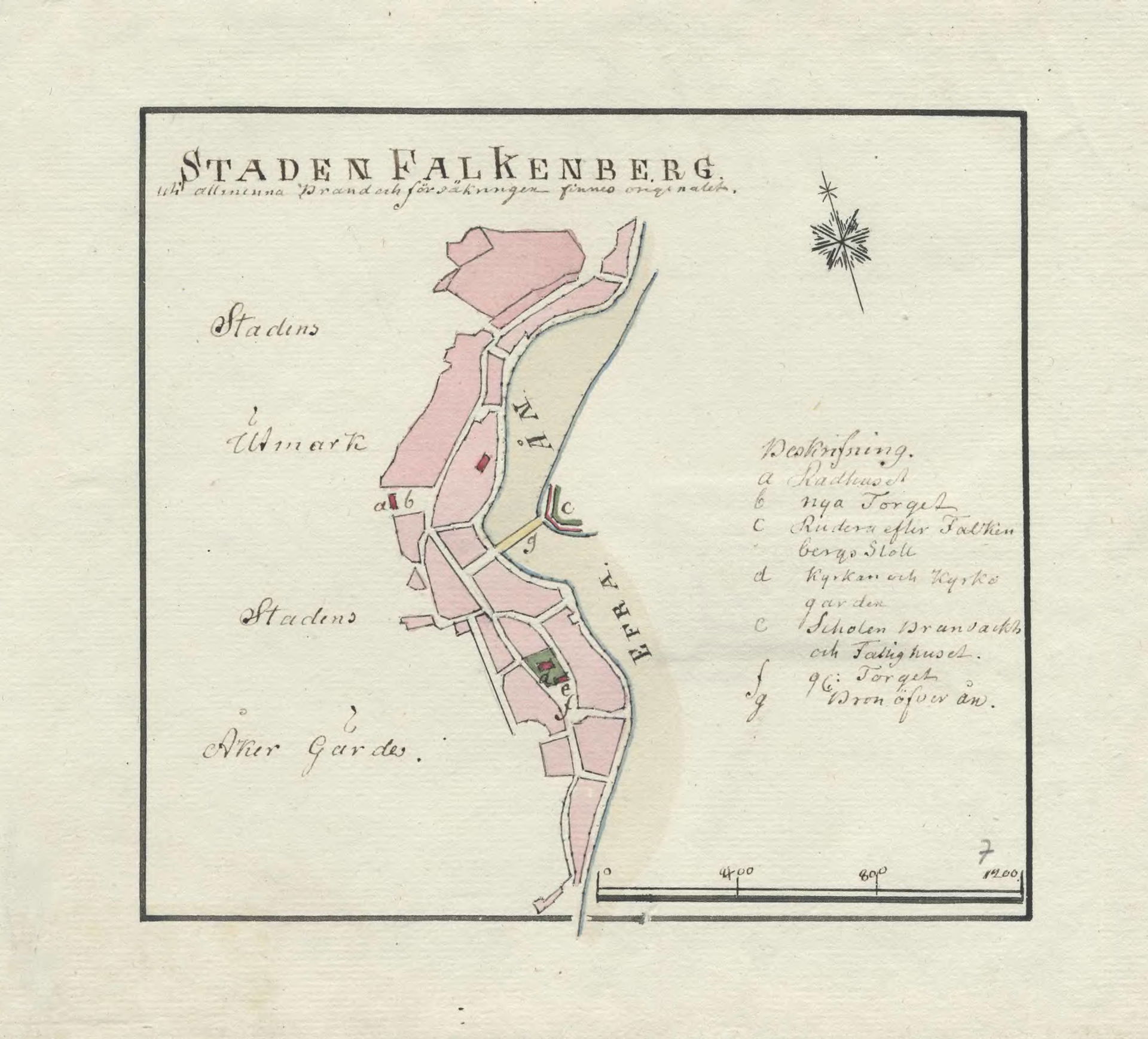 Hand drawn 18th century map of Falkenberg, Sweden