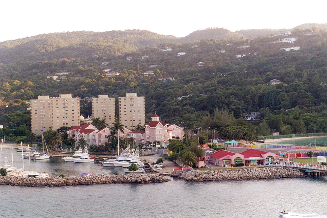 Ocho Rios from our cruise ship, tied up at the dock. The pier …