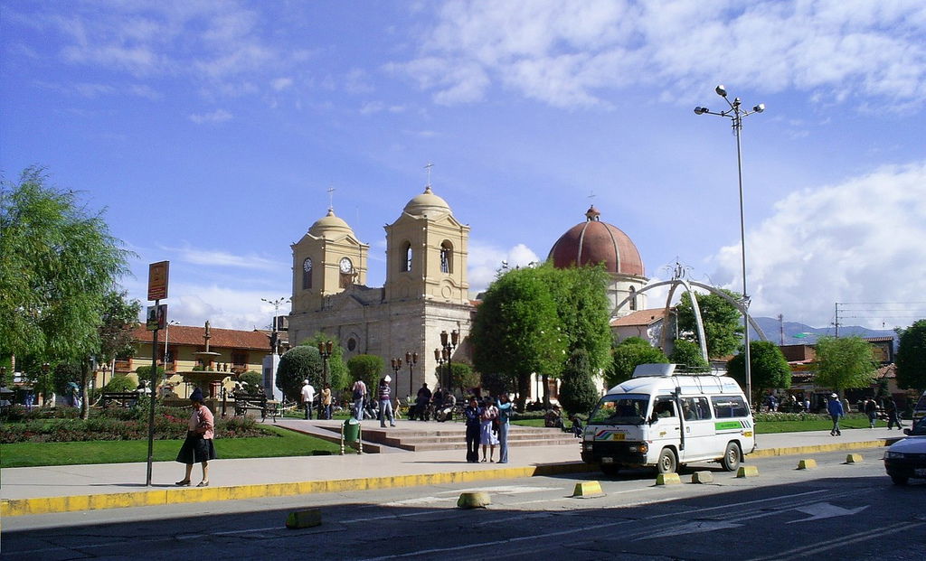 Huancayo city, Peru. Plaza de la Constitucion and the Cathedral.