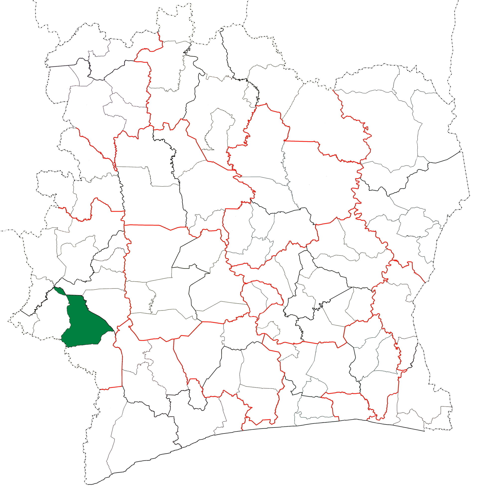 Locator map for Guiglo Department in Côte d'Ivoire.