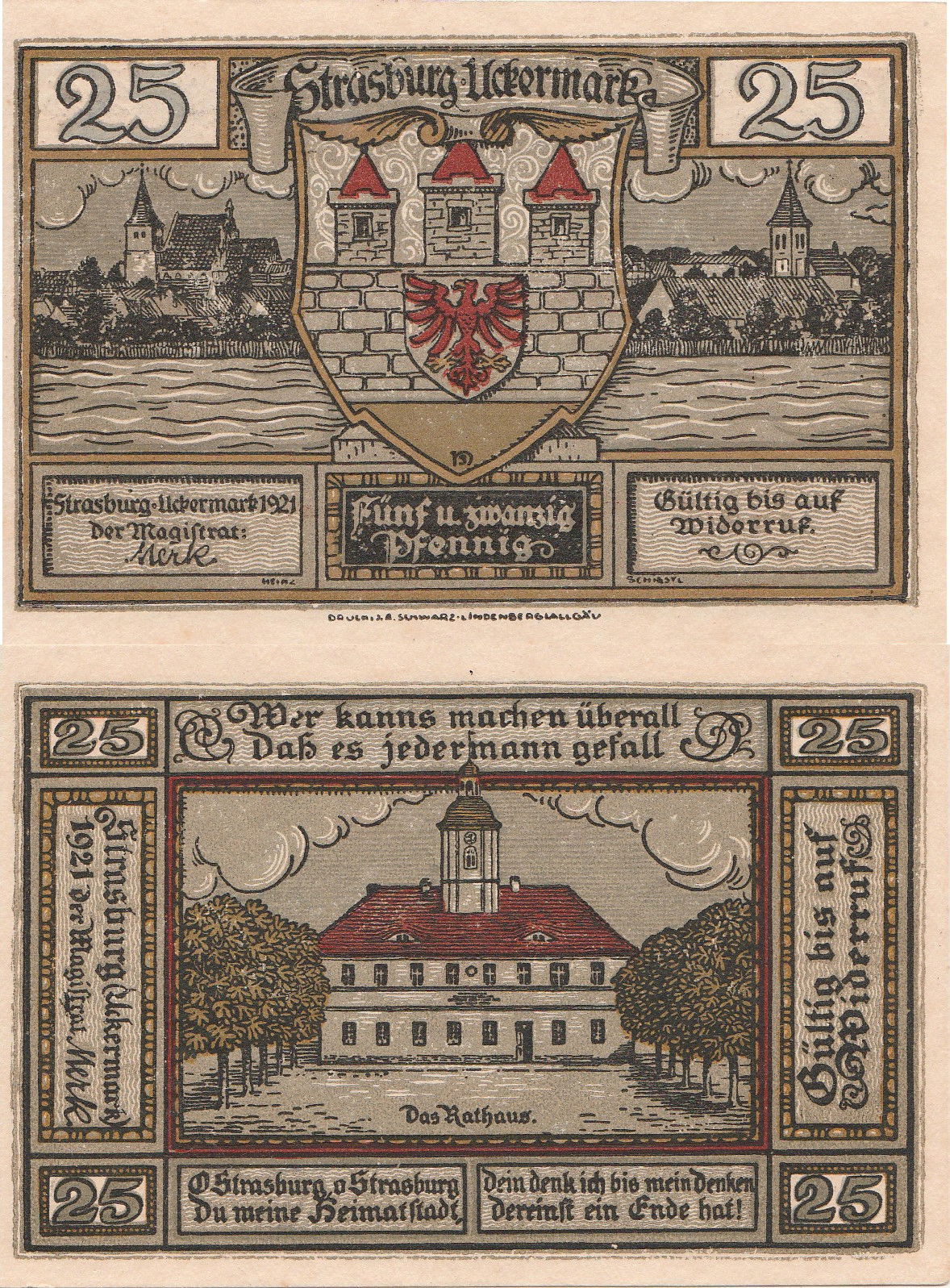 Ein deutscher Notgeldschein (Vorder- und Rückseite) aus Strasbu…