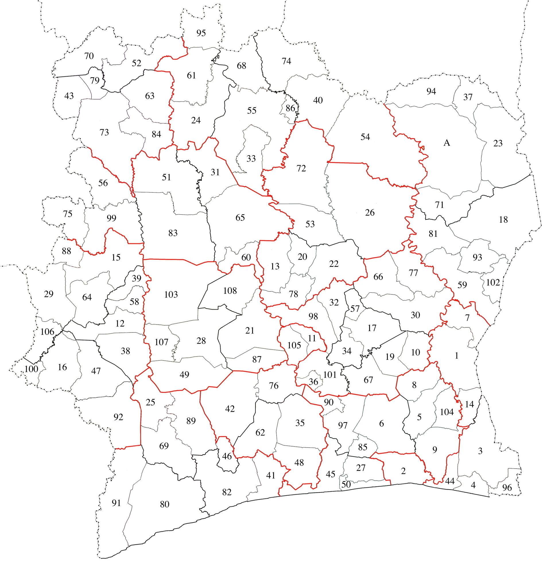 Locator map for the 108 departments of Côte d'Ivoire. Red lines…