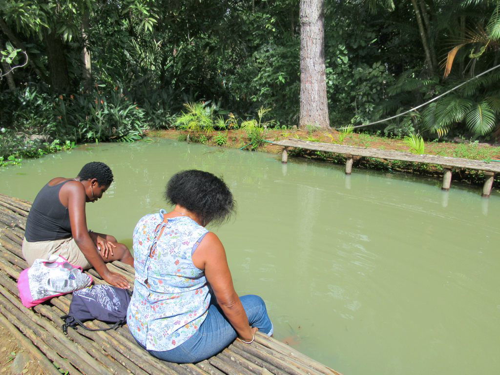 Guests at the Latille Waterfall Garden on eastern St. Lucia, Ea…