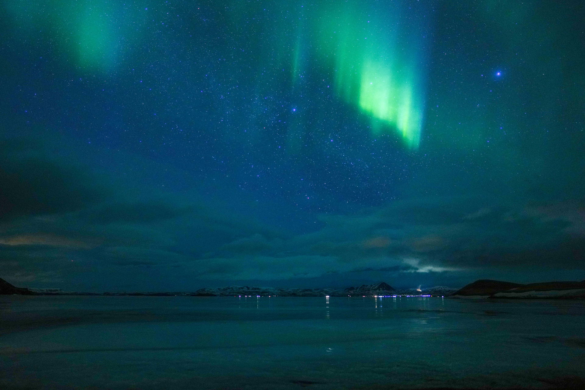 Northern lights in the night sky over Mývatn (Iceland). Polar a…