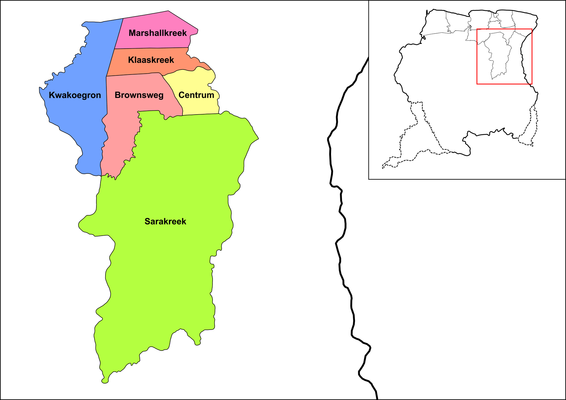 Map of the resorts of the Brokopondo district in Suriname