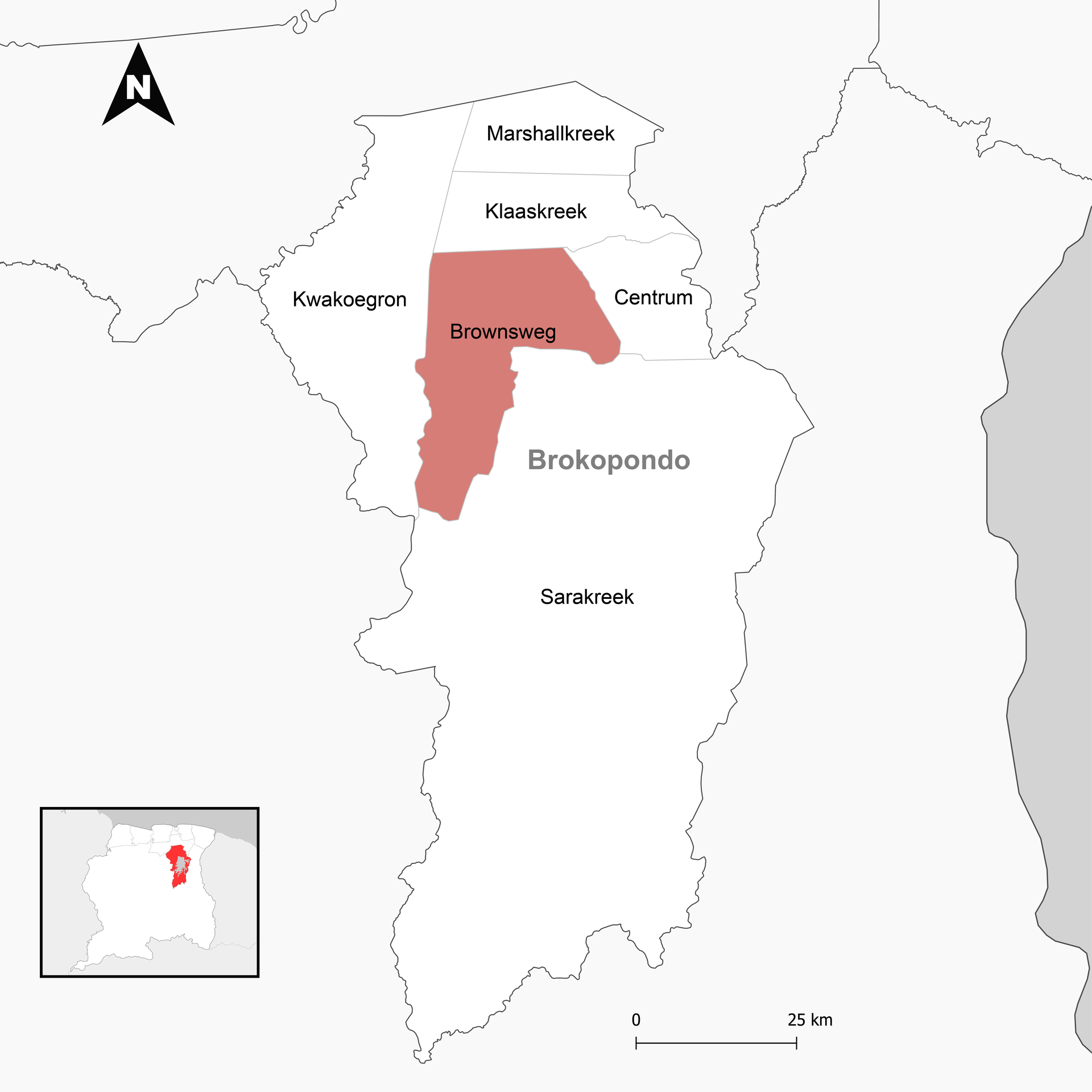 Locator Map for Resort Brownsweg in District Brokopondo, Surina…