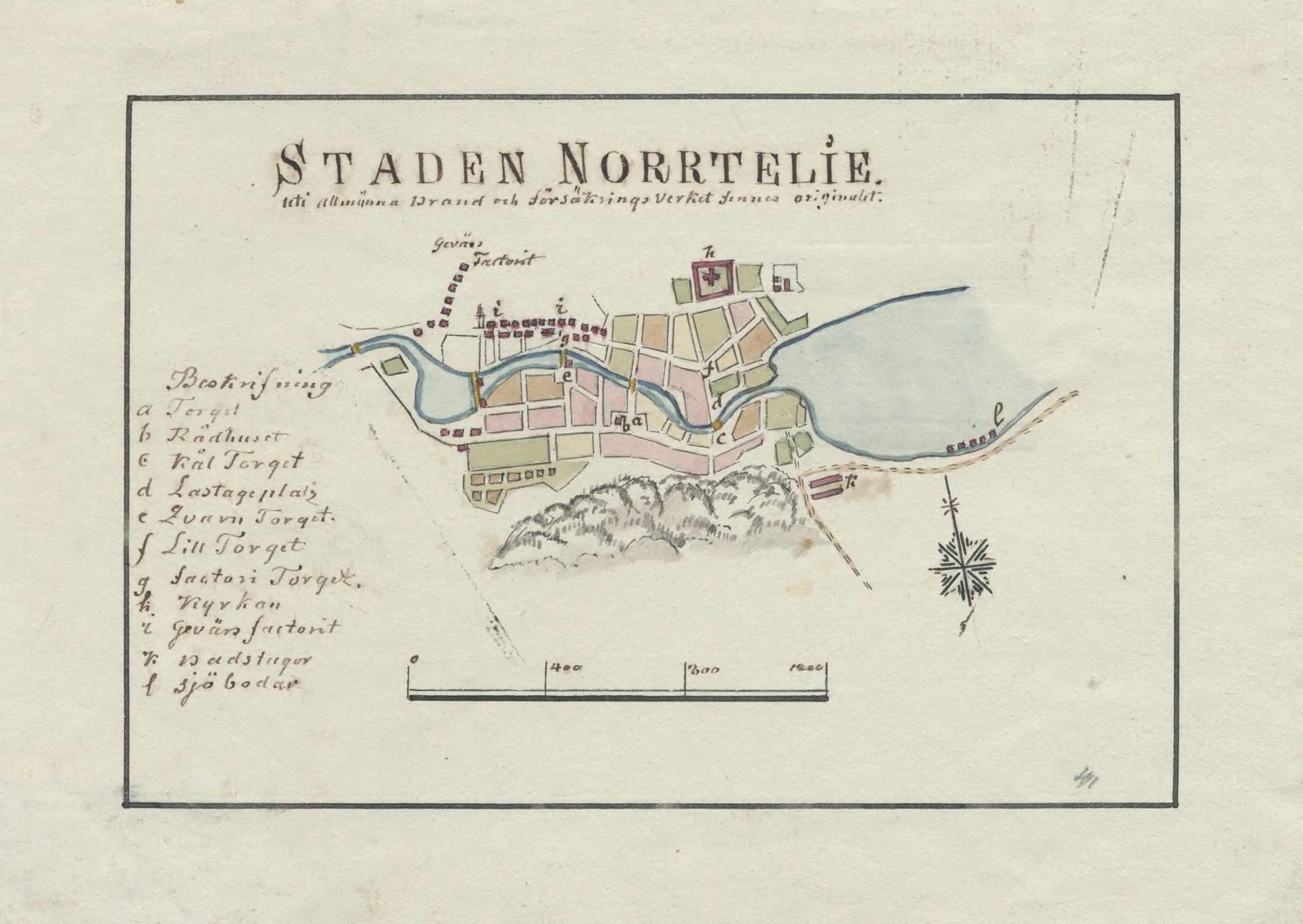 Hand drawn 18th century map of Norrtälje, Sweden