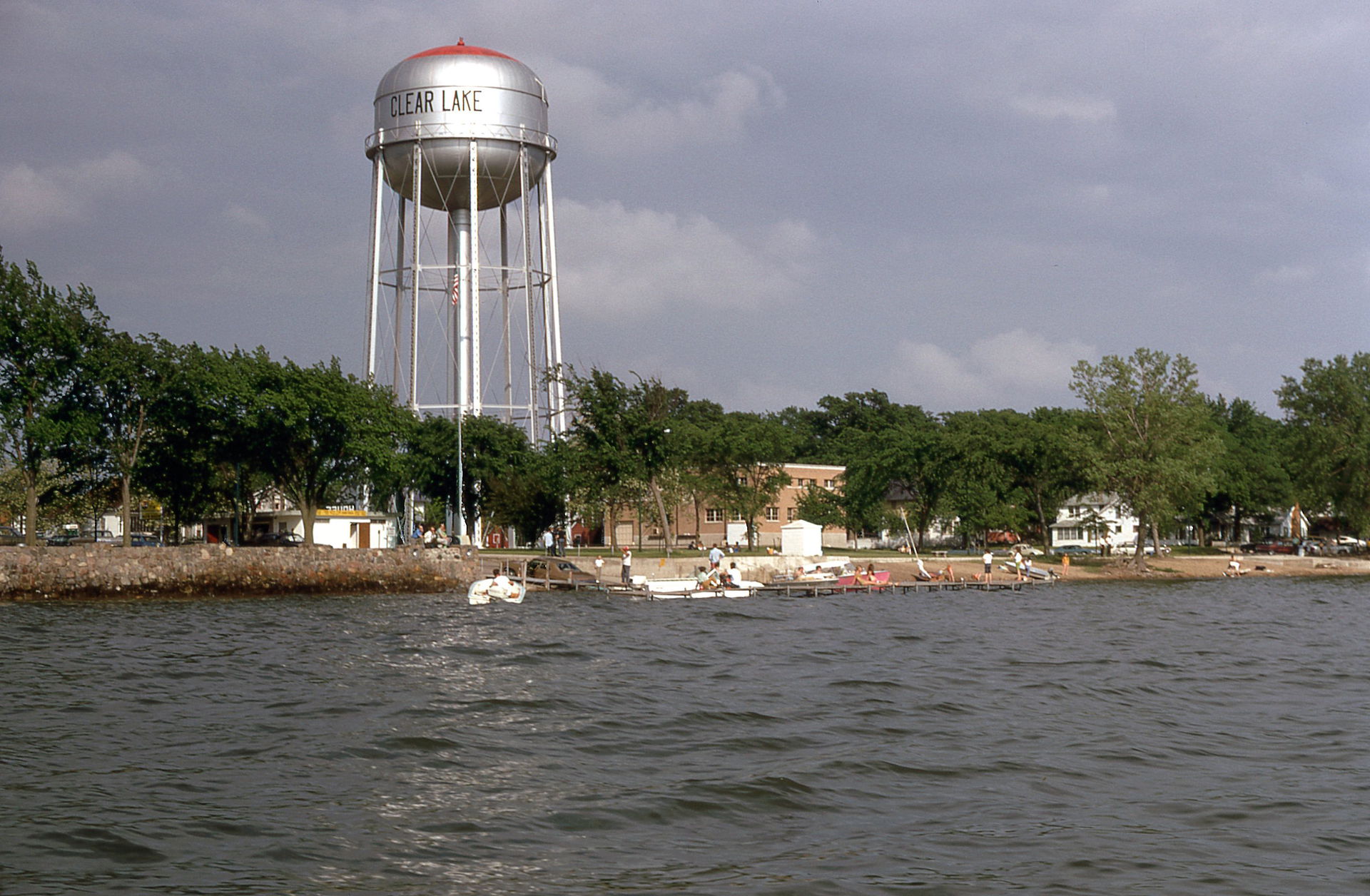 Clear Lake water tower and shoreline. Clear Lake, Iowa 1970