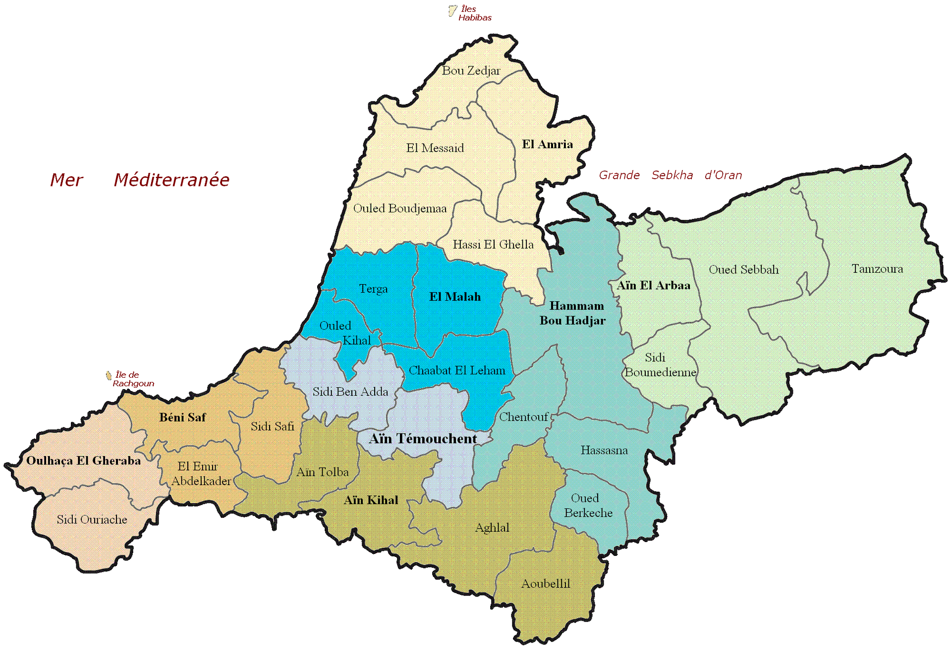 Carte administrative de la wilaya d'Aïn Témouchent